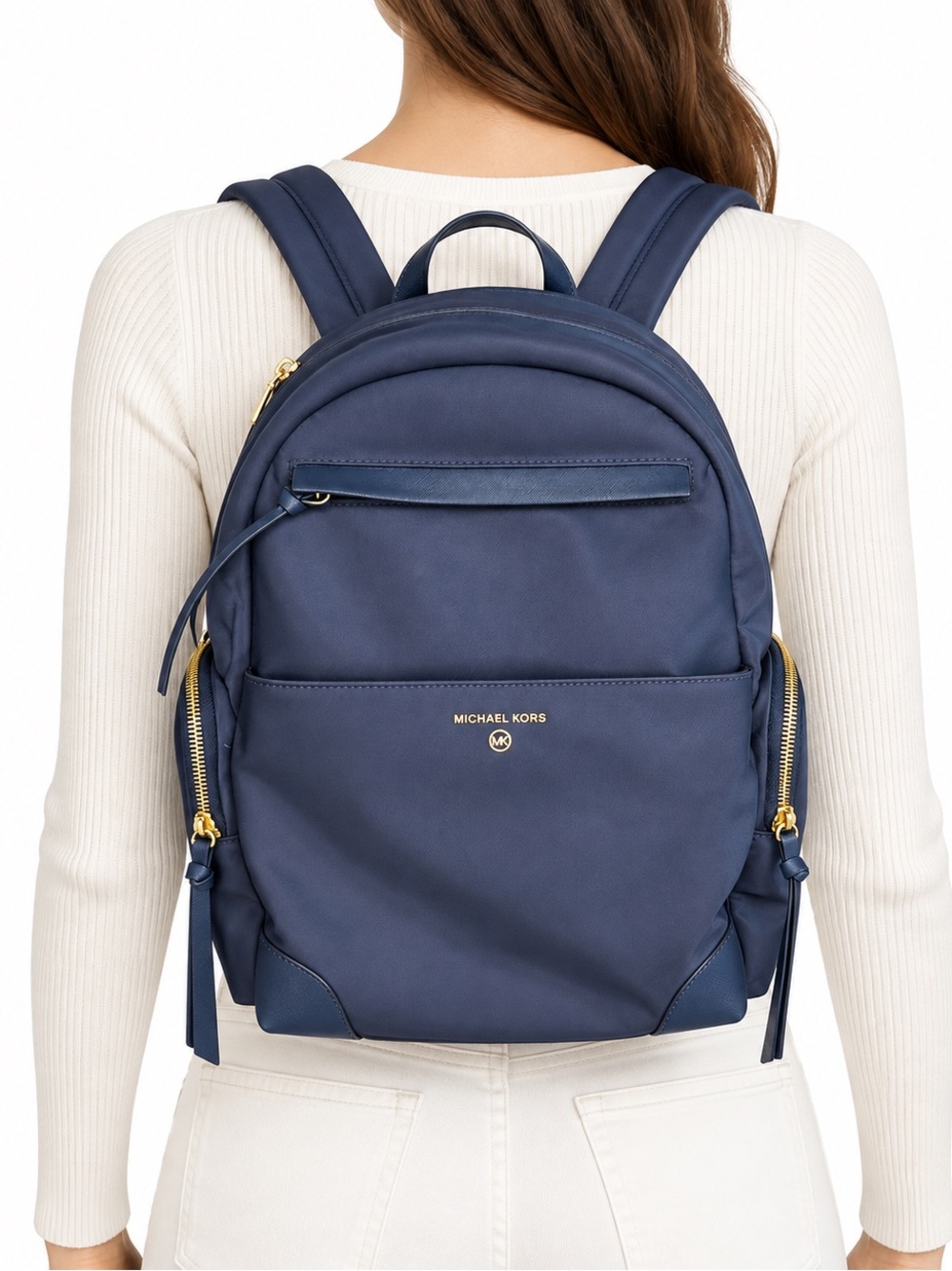 Michael Kors Navy Blue Backpack with Gold Hardware